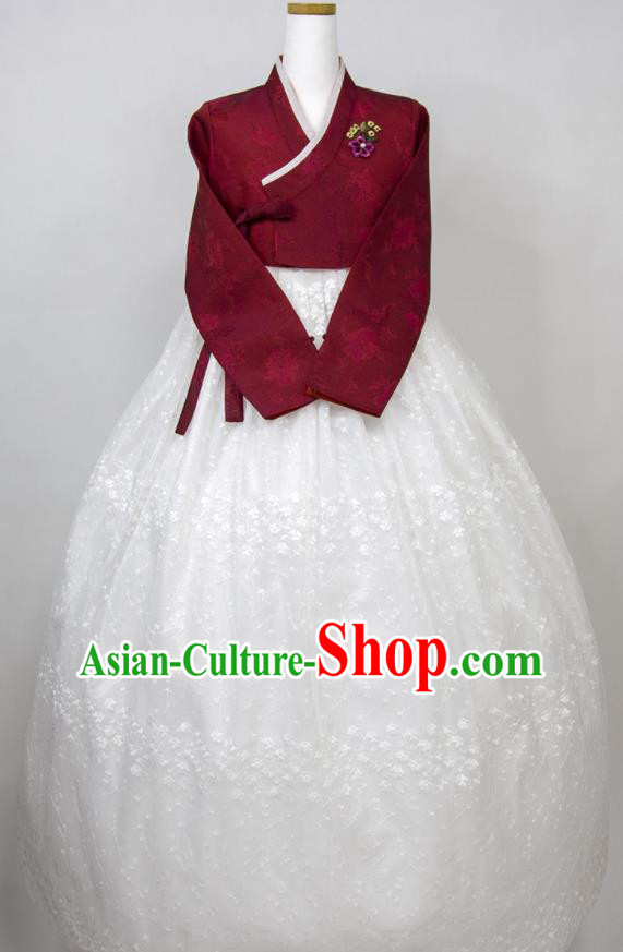 Korea Classical Wedding Fashion Costumes Young Woman Hanbok Wine Red Blouse and White Dress Korean Traditional Court Bride Clothing