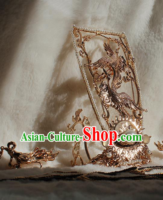 Chinese Ancient Royal King Headpieces Traditional Jin Dynasty Emperor Golden Crane Hair Crown and Long Tassel Hairpins Headdress
