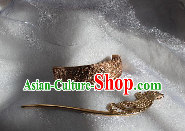 Chinese Ancient Prince Headpieces Traditional Tang Dynasty Royal Highness Hair Crown and Golden Phoenix Hairpin