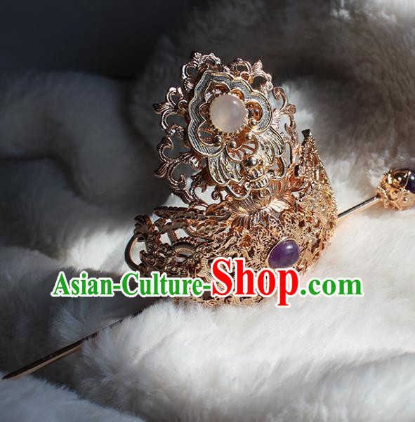 Chinese Ancient Noble Prince Headpieces Traditional Tang Dynasty Swordsman Golden Hair Crown and Hairpin