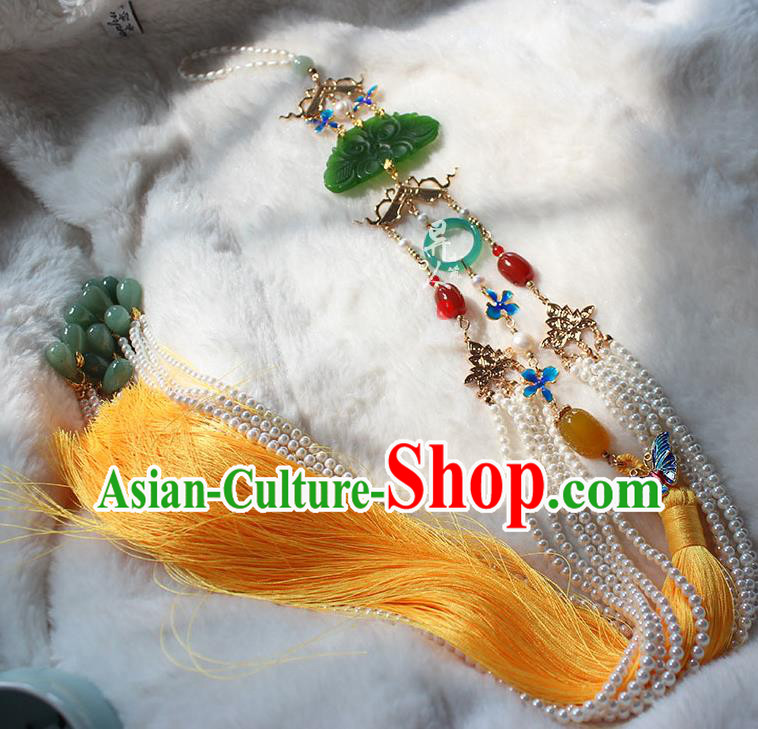 Handmade Chinese Ancient Princess Pearls Tassel Belt Pendant Ming Dynasty Empress Jade Lotus Waist Accessories
