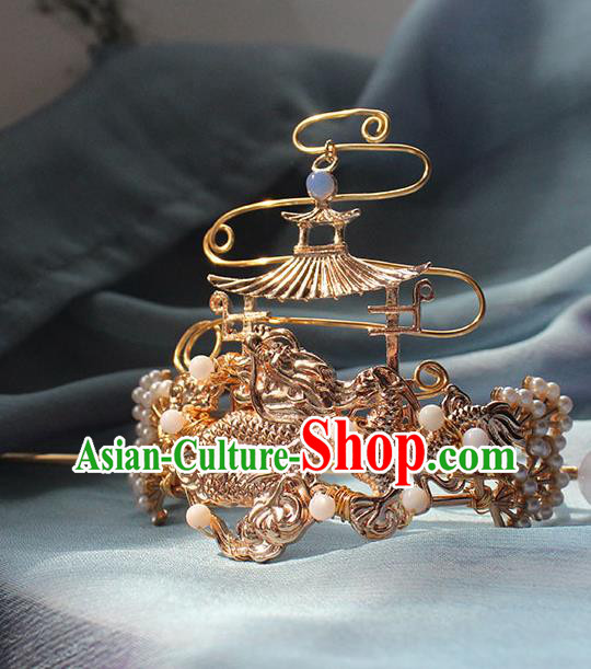 Chinese Traditional Ming Dynasty Emperor Crown and Dragon Hairpin Ancient Royal Prince Golden Headpieces