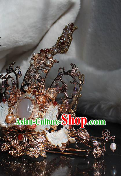 Chinese Ancient Royal King Headpieces Traditional Jin Dynasty Prince Golden Hair Crown and Long Tassel Hairpins
