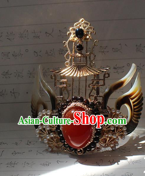 Chinese Traditional Jin Dynasty Emperor Shell Wings Hair Crown and Hairpin Ancient Dragon Prince Agate Headpieces