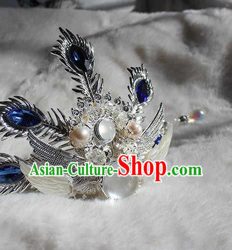 Chinese Ancient Swordsman Blue Crystal Headpieces Traditional Ming Dynasty Royal Highness Argent Hair Crown and Hairpin