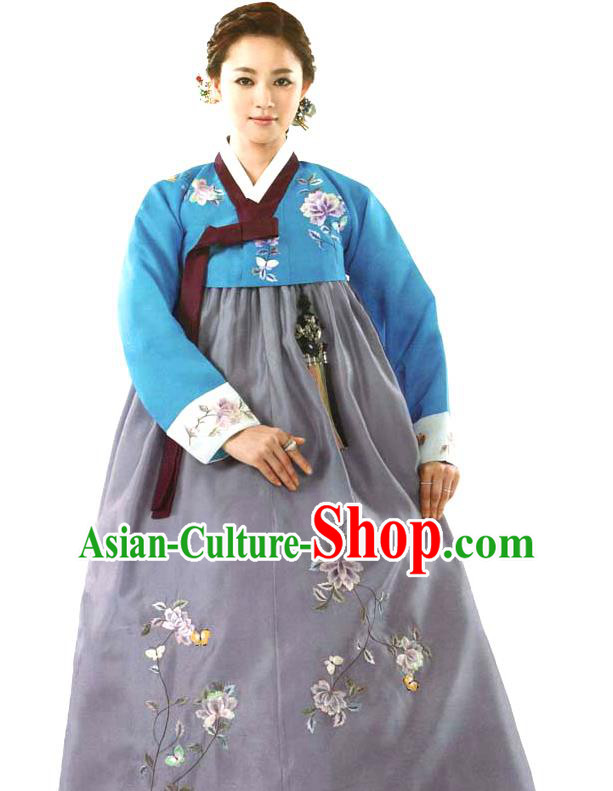 Korean Court Woman Fashion Embroidered Blue Blouse and Grey Dress Traditional Performance Hanbok Clothing Classical Wedding Garment Costumes