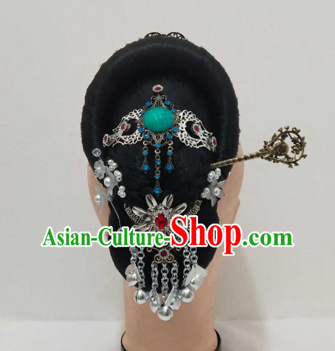 Chinese Woman Solo Dance Hair Accessories Traditional Stage Performance Hairpieces Classical Dance Wigs and Hairpins