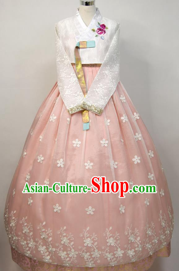 Korea Young Lady Classical Hanbok White Blouse and Pink Dress Traditional Wedding Clothing Korean Bride Fashion Costumes