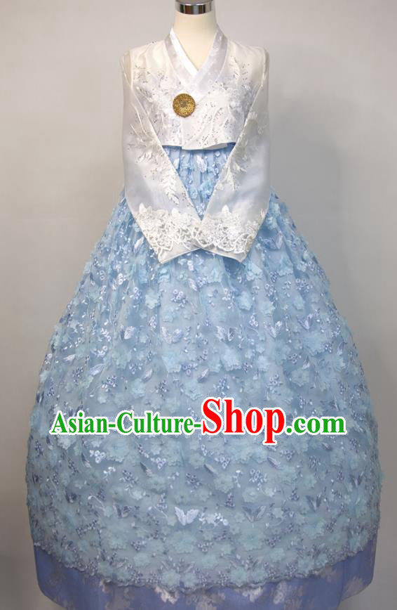 Korean Wedding Bride Fashion Costumes Classical Hanbok White Blouse and Blue Dress Korea Young Lady Traditional Clothing