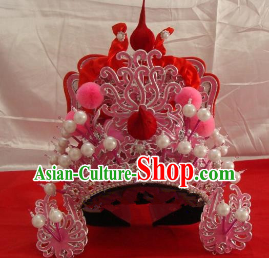 China Opera Performance Wusheng Hair Accessories Traditional Peking Opera Takefu Helmet Headwear Beijing Opera Warrior Pink Hat