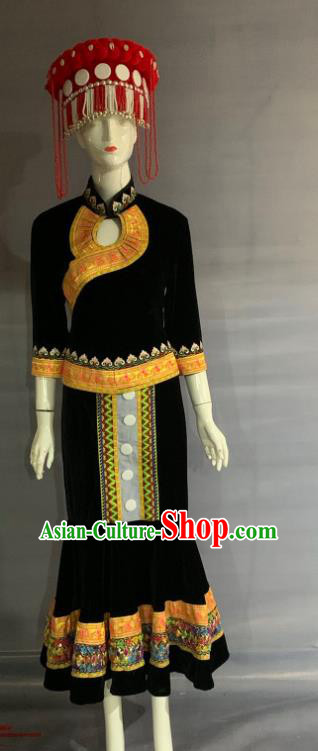 Chinese Minority Folk Dance Black Dress Uniforms Yunnan Ethnic Woman Garment Costume Lisu Nationality Dance Clothing