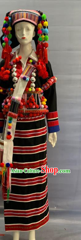 Chinese Deang Nationality Clothing De Ang Minority Folk Dance Black Dress Uniforms Yunnan Ethnic Festival Garment Costume and Headdress