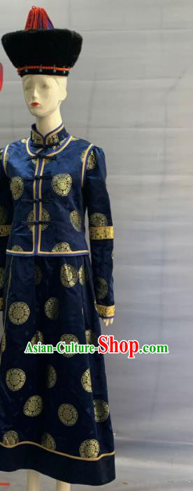 Chinese Heilongjiang Ethnic Female Garment Costume Traditional Ewenki Nationality Clothing Evenki Minority Folk Dance Navy Dress Uniforms and Headwear