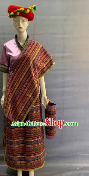 Chinese Xizang Ethnic Female Garment Costume Traditional Moinba Nationality Festival Clothing Manba Minority Folk Dance Uniforms and Hat