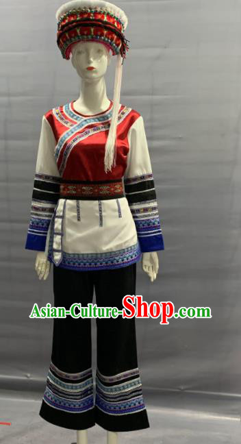 Chinese Traditional Bai Nationality Festival Clothing Minority Folk Dance Uniforms Yunnan Ethnic Female Garment Costume and Hat