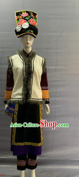 Chinese Traditional Qiang Nationality Clothing Minority Folk Dance Dress Uniforms Sichuan Ethnic Female Garment Costume and Headwear