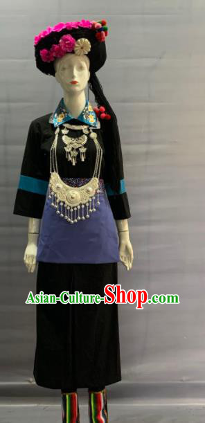 Chinese Achang Nationality Clothing Minority Folk Dance Black Dress Uniforms Yunnan Ethnic Torch Festival Garment Costume and Headwear