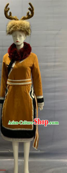Chinese Oroqen Nationality Clothing Olunchun Minority Folk Dance Dress Uniforms Heilongjiang Ethnic Festival Garment Costume and Headdress