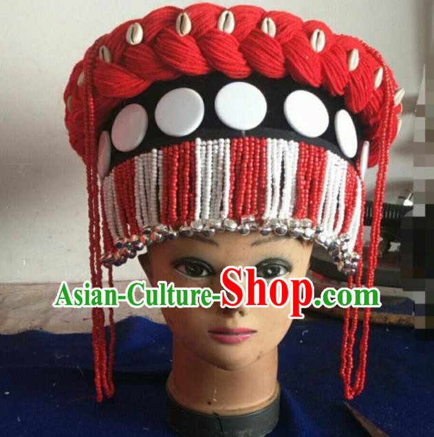 Handmade Chinese Yunnan Ethnic Woman Bells Beads Hat Lisu Nationality Folk Dance Headdress
