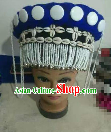 Handmade Chinese Yunnan Ethnic Woman Blue Hat Lisu Nationality Folk Dance Silver Bells Tassel Headdress
