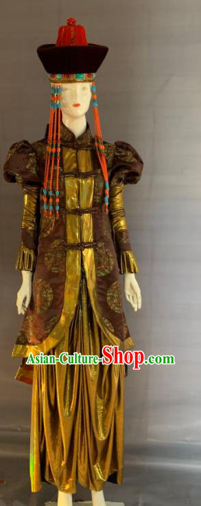 Chinese Mongol Nationality Wedding Clothing Minority Folk Dance Brown Dress Uniforms Mongolian Ethnic Traditional Garment Costume and Tassel Headdress