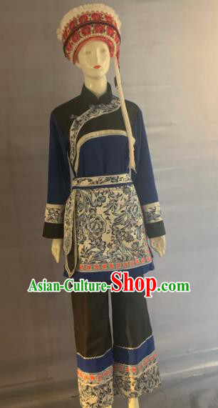 Chinese Bai Nationality Female Clothing Dali Minority Folk Dance Navy Uniforms Yunnan Ethnic Garment Costume and Red Hat