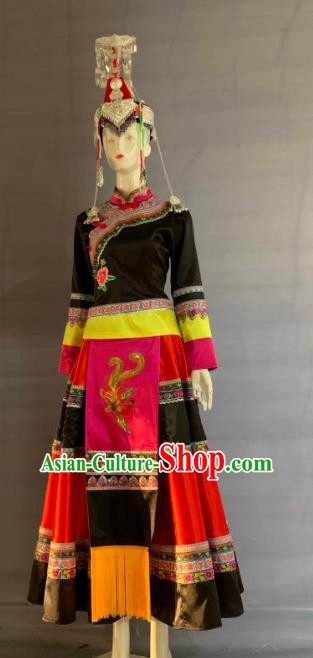 Chinese She Nationality Female Clothing Guangdong Minority Folk Dance Black Dress Uniforms Ethnic Performance Garment Costume and Headdress
