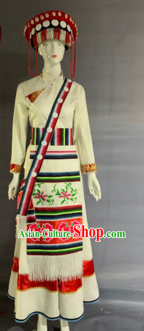 Chinese Lisu Nationality Bride Clothing Minority Folk Dance White Dress Uniforms Yunnan Ethnic Female Garment Costume and Headwear