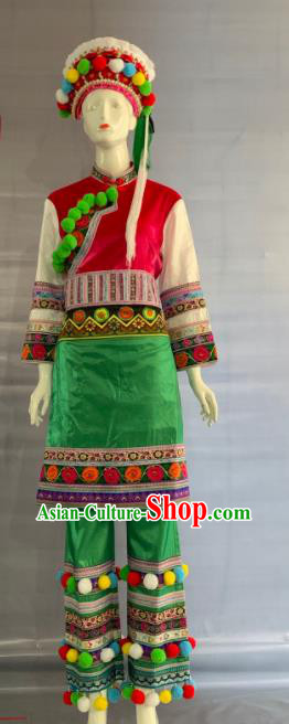 Chinese Bai Nationality Festival Clothing Yunnan Minority Folk Dance Green Uniforms Dali Ethnic Female Garment Costume and Hat