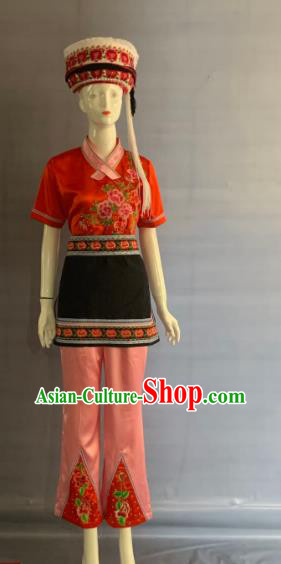 Chinese Yunnan Ethnic Female Garment Costume Bai Nationality Country Woman Clothing Minority Folk Dance Red Uniforms and Hat