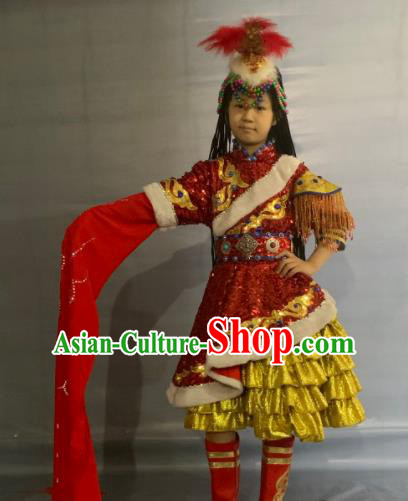 China Tibetan Ethnic Girl Stage Performance Garment Costumes Traditional Zang Nationality Folk Dance Clothing and Headwear