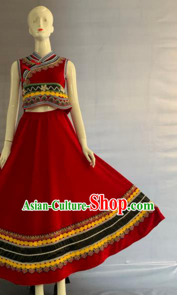 Chinese Lisu Nationality Woman Clothing Minority Wedding Red Velvet Dress Uniforms Yunnan Ethnic Folk Dance Garment Costumes