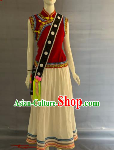 Chinese Lisu Nationality Woman Clothing Nu Minority Red Velvet Dress Uniforms Yunnan Ethnic Folk Dance Garment Costumes