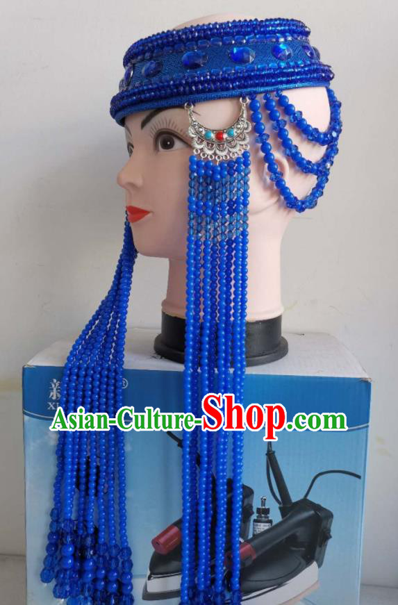 Handmade Chinese Mongol Nationality Wedding Royalblue Beads Tassel Headband Mongolian Ethnic Bride Hat