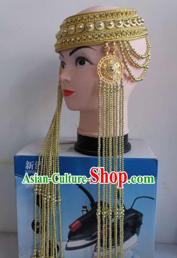 Handmade Chinese Mongol Nationality Wedding Headband Folk Dance Headdress Mongolian Ethnic Bride Golden Beads Tassel Hat