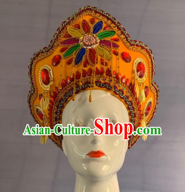 Handmade Russia Woman Yellow Hat Russian Minority Performance Headwear Folk Dance Headdress