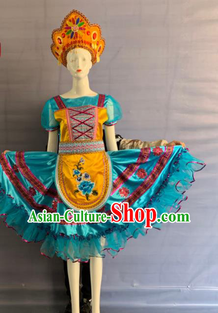 China Xinjiang Ethnic Girl Garment Costumes Traditional Eluosi Nationality Folk Dance Blue Dress Clothing and Hat