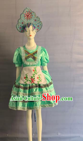 China Xinjiang Ethnic Girl Folk Dance Garment Costumes Traditional Eluosi Nationality Children Green Dress Clothing and Headpiece