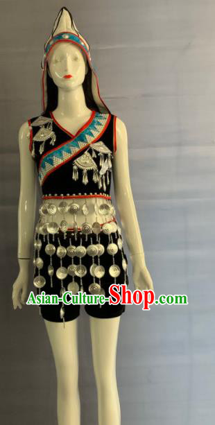 Chinese Jino Nationality Woman Clothing Jinuo Minority Folk Dance Black Uniforms Yunnan Ethnic Performance Garment Costumes and Headwear