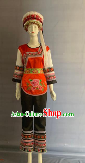 Chinese Bai Nationality Woman Clothing Minority Folk Dance Dress Uniforms Yunnan Ethnic Performance Garment Costume and Hat