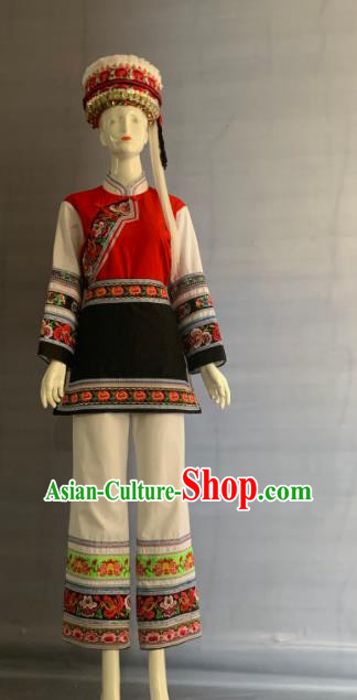 Chinese Bai Nationality Country Woman Clothing Minority Folk Dance Dress Uniforms Yunnan Ethnic Female Garment Costume and Headwear