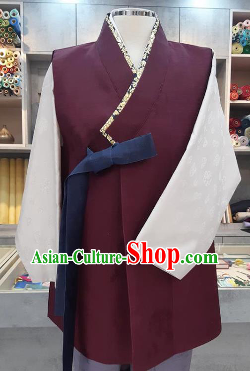 Korea Festival Clothing Wedding Hanbok Young Man Purple Vest White Shirt and Lilac Pants Korean Traditional Bridegroom Costumes