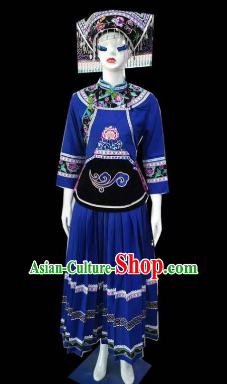 Chinese Bouyei Nationality Female Clothing Puyi Minority Blue Dress Uniforms Guizhou Ethnic Folk Dance Garment Costumes and Headdress
