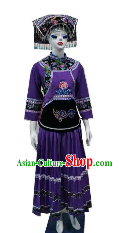 Chinese Puyi Nationality Female Clothing Bouyei Minority Purple Dress Uniforms Guizhou Ethnic Folk Dance Garment Costumes and Hat