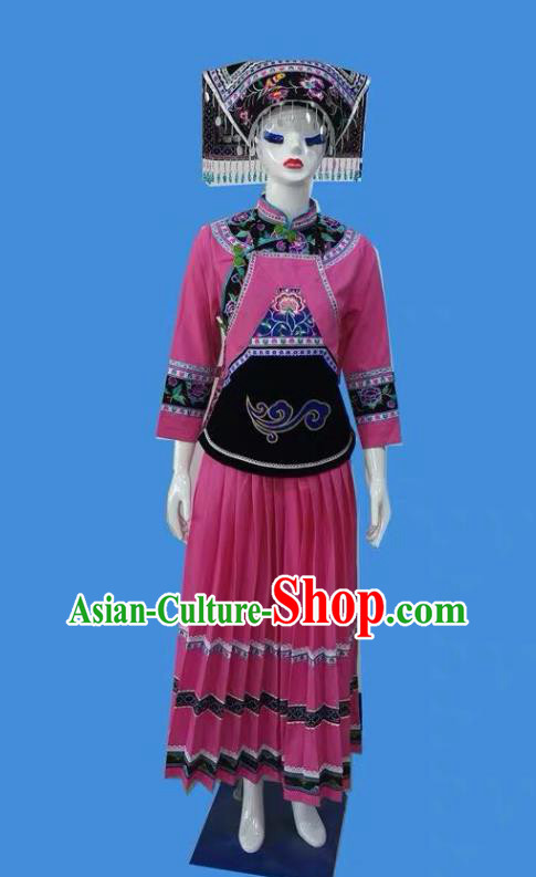 Chinese Bouyei Minority Rosy Dress Uniforms Puyi Ethnic Folk Dance Garment Costumes Guizhou Nationality Female Clothing and Headwear