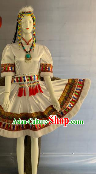 Chinese Minority Folk Dance White Dress Uniforms Tibetan Ethnic Woman Garment Costumes Zang Nationality Performance Clothing and Hat