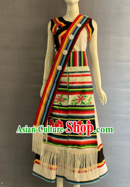 Chinese Lisu Nationality Wedding Clothing Minority Folk Dance White Dress Uniforms Yunnan Ethnic Woman Garment Costumes and Bag