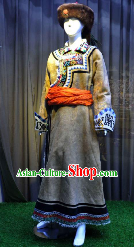 Chinese Mongolian Ethnic Dance Garment Costumes Mongol Nationality Clothing Minority Female Grey Dress Uniforms and Headwear