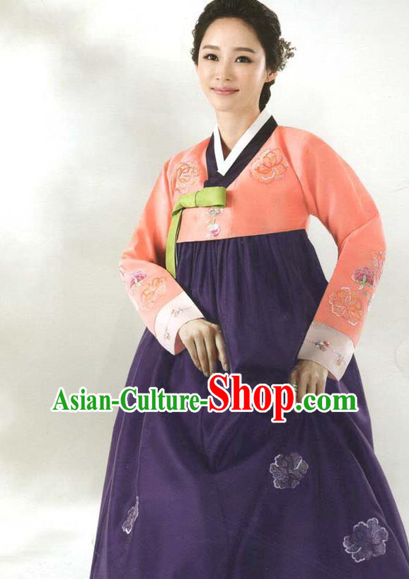 Korean Classical Wedding Garment Costumes Bride Fashion Embroidered Orange Blouse and Purple Dress Traditional Court Hanbok Clothing