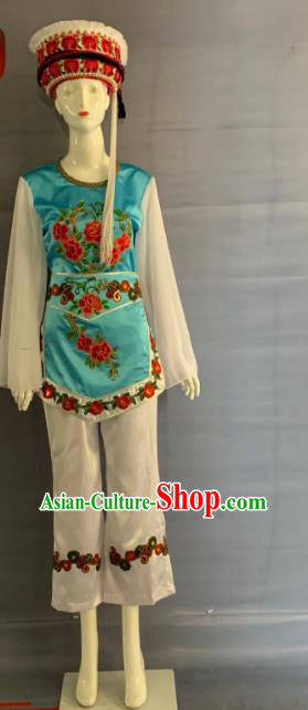Chinese Dali Bai Nationality Dance Clothing Minority Woman Blue Uniforms Yunnan Ethnic Performance Garment Costumes and Hat